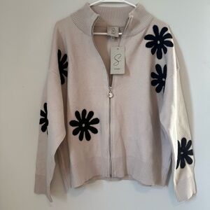 Sioni Granola Color Felt Mod Floral 70s Inspired Women's Cardigan Sweater